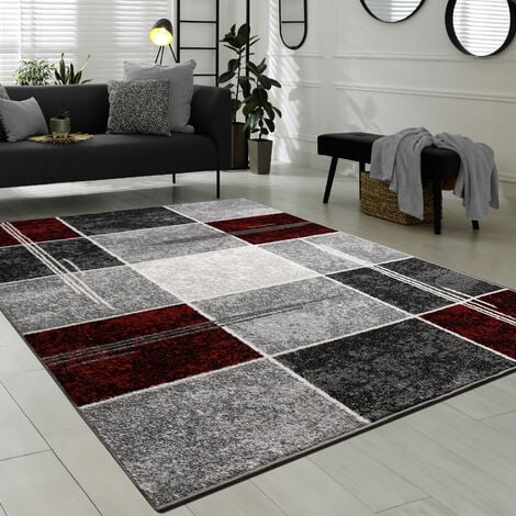 Designer Teppich Wohnzimmer Kurzflor Modern Elegant Bordüre In Grau Schwarz Rot 