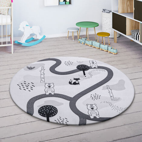 Paco Home Kinderteppich Kinderzimmer Teppich Spielmatte Straßenteppich  Rutschfest Weiß Grau 80 cm Rund