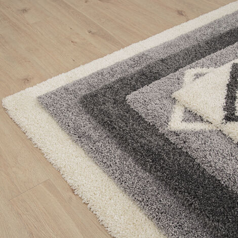 Paco Home Hochflor Teppich Wohnzimmer Shaggy Skandinavisches Muster  Rautenmotiv Grau Weiß 60x100 cm