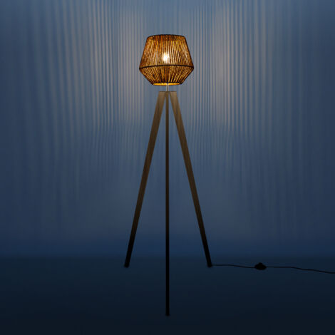 Paco Home Lampada da terra E27, moderna, soggiorno, camera da letto, boho, rattan, Base della lampada: Nero a una gamba, Paralume: Beige/Bianco (28 cm