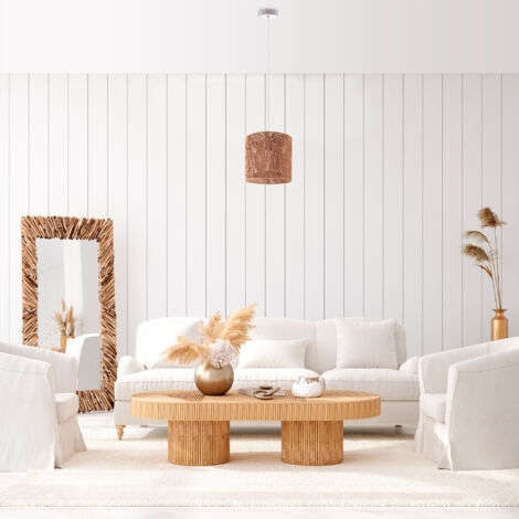 Paco Home Lampada Da Terra Moderna Effetto Rattan - Stile Boho Con Paralume Beige/Bianco, Base In Legno, Attacco E27