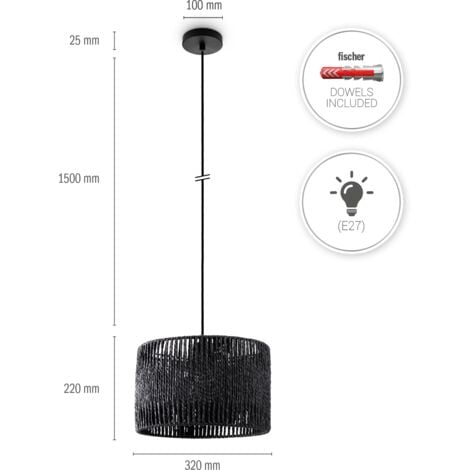 Paco Home Pendelleuchte Esstisch Papier Boho Hängelampe Esszimmer Lampe E27 Rattan Pendelleuchte - Schwarz, Schwarz (Ø32cm)