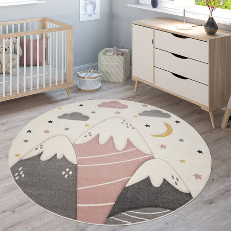 Paco Home Kinderteppich Teppich Kinderzimmer Junge Mädchen Berge Sterne Wolken 3D Pink 200 cm Rund