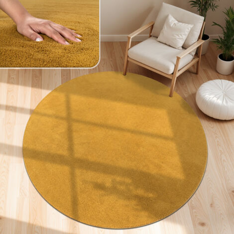 Paco Home Moderner Wohnzimmer Teppich Kurzflor Waschbar Weich Einfarbig Felloptik Anti-Rutsch Gelb, 120 cm Rund