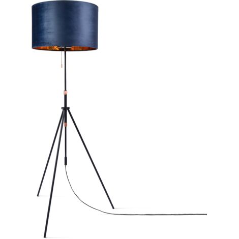 Paco Home Pendelleuchte Stehleuchte Dreibein Wohnzimmer Lampenschirm Velours Unifarben E27 Blau Gold (Ø45.5 cm), Stehleuchte Typ 2 - Schwarz