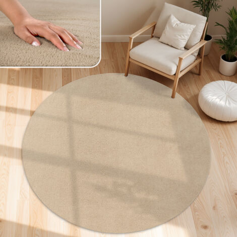Paco Home Moderner Wohnzimmer Teppich Kurzflor Waschbar Weich Einfarbig Felloptik Anti-Rutsch Beige 2, 80 cm Rund