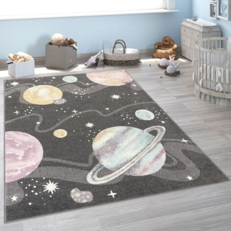 Paco Home Kinderteppich Teppich Kinderzimmer Junge Mädchen Weltraum Planeten Anthrazit 80x150 cm