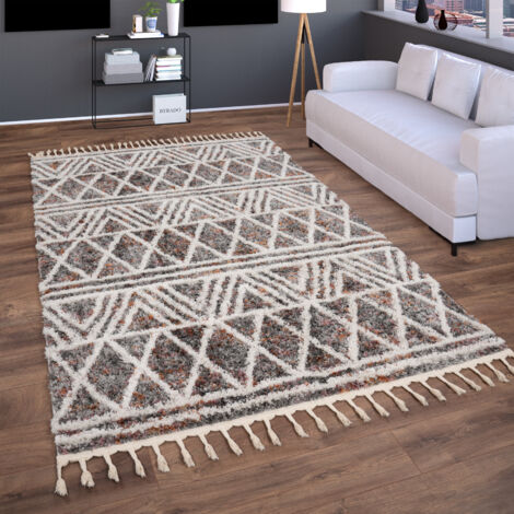 Paco Home Hochflor Teppich Wohnzimmer Shaggy Boho Modern Skandi Rauten Fransen 200x280 cm, Bunt 3