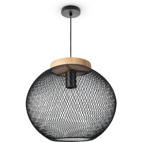 Paco Home Pendelleuchte Esszimmerlampe Korblampen Metall Hängelampe Küche Industrie E27 Pendelleuchte - Typ 1, Schwarz-Holz(Ø35cm) (1/4)
