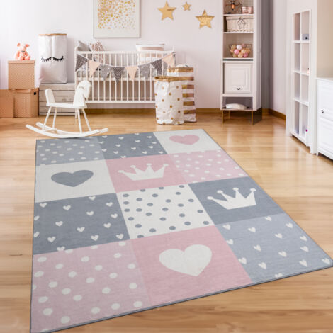 Paco Home Teppich Kinderzimmer Kinderteppich Kurzflor Rutschfest Herzen Sonne Regenbogen 160 cm Rund, Creme Rosa Grau