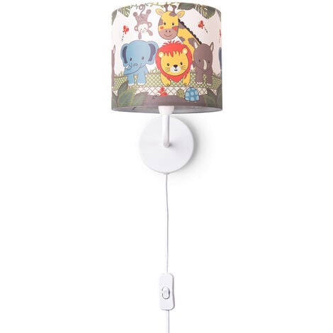 Paco Home Tischlampe Kinderzimmer Nachtisch Lampe Stoffschirm Wandleuchte  RundTiere Wandleuchte - Schwarz, Design 1 (Ø18 cm)