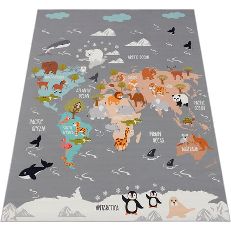 Paco Home Teppich Kinderzimmer Kinderteppich Tier Welt Motiv Rutschfest Grau Blau Braun 200x290 cm