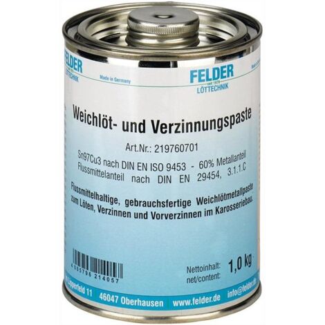 Felder – Pâte de brasage et de revêtement faible fusion 230-250°C 1kg – Alliage S-Sn97Cu3 – Pour revêtement en étain de carrosseries (1/4)