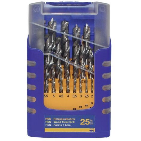 Jeu de mèches hélicoïdales à bois 25 pces – Acier HSS – Ø 1-13 mm – Pour bois tendre et dur – Double listel pour évacuation rapide – Fisch - BOIS 013 G