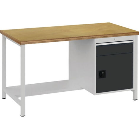 Banc de travail gris clair B1500xH859xT750mm en multiplex de hêtre 40mm 1 tiroir 1 porte (1/5)