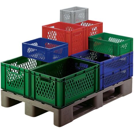 Conteneur de transport L600xB400xH320mm gris en PP, parois latérales percées avec passage intégré (1/2)