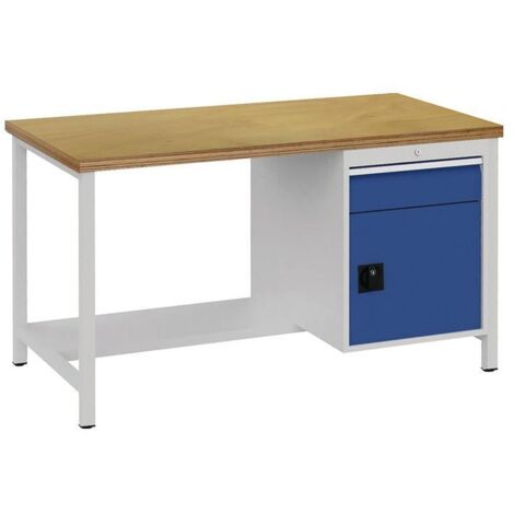 Banc de travail bleu signal, gris clair, B1500xH859xT750mm, hêtre, multifonction, 40mm, 1 tiroir, 1 porte (1/3)