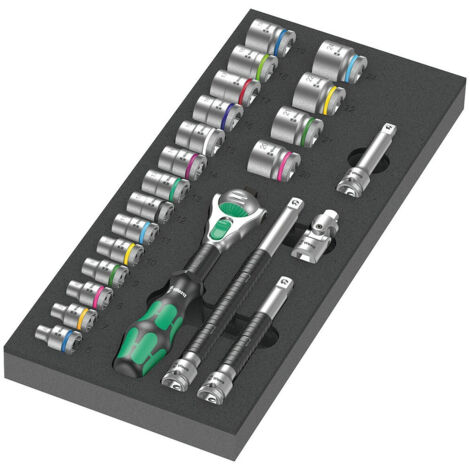 Wera – Clé à cliquet Zyklop 3/8" avec garniture en mousse 8000 B – 23 pièces – Rallonges et douilles pour servante d'atelier