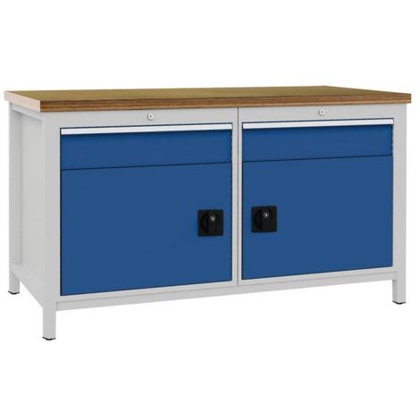 Banc de travail bleu signal et gris clair B1500xH859xT750mm Multipl.40mm 2 tiroirs 2 portes (1/3)