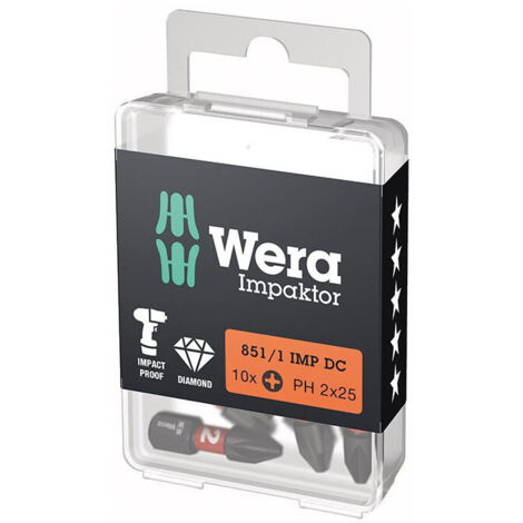 Wera 10x Bit 851/1 IMP DC PH2 longueur 25 mm 1/4" C6,3 Impaktor DC - 5157616001 (1/5)