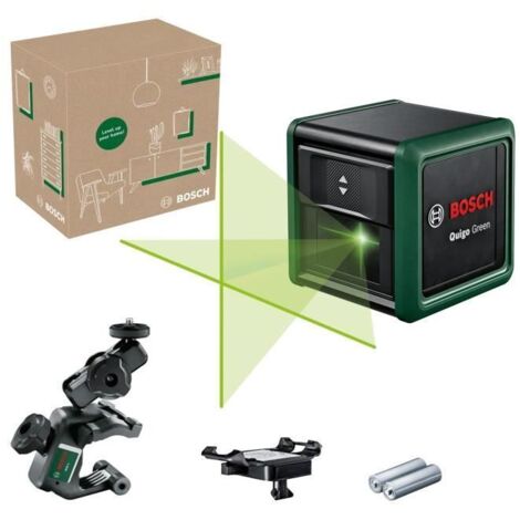 Laser lignes croisées Bosch Quigo Green avec pince universelle MM 2 (laser vert pour une meilleure visibilité, boîtier en plastique recyclé, dans une boîte e-commerce)