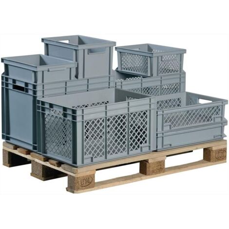 Conteneur de transport gris en polypropylène – Dimensions L400xB300xH170mm – Parois latérales percées pour passage – Résistant aux acides et huiles – Lockweiler (1/3)
