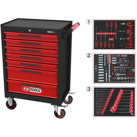 Ks Tools – Servante d'atelier roulante 7 tiroirs – Acier 0,8mm – Charge 300kg – Dimensions L748 x H1014 x P459mm – Système de fermeture SOFT CLOSE