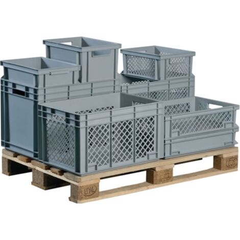 Conteneur de transport L600xB400xH150mm gris en PP, parois latérales percées pour passage (1/2)