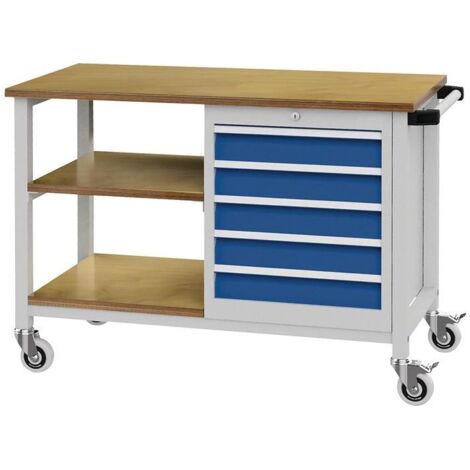 Établi L1200 x P540 x H880 mm Hêtre Multiplex gris clair/bleu signal 5 tiroirs (1/3)