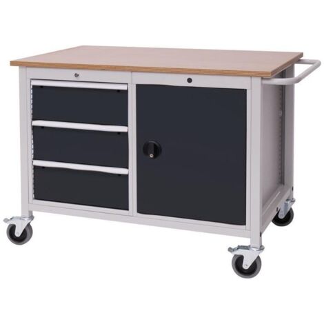 Établi L1250 x P750 x H935 mm, en hêtre Multiplex gris clair, 3 tiroirs, 1 porte (1/2)