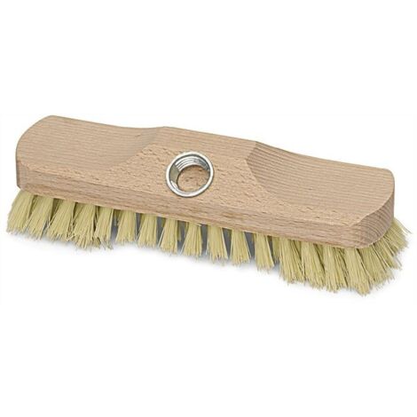 Éponge à récurer en fibre plastique, de 220 mm de long, avec corps et poids en bois.