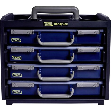 Caisson de transport HandyBox 55x4 – 4 mallettes amovibles – 15 compartiments – Poignée ergonomique – Empilable – Polypropylène – Raaco