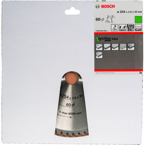 Bosch – Lame de scie circulaire 254 mm – 2608640436 – Carbure de tungstène – Ø alésage 30 mm – 60 dents – Épaisseur 2 mm – Pour bois dur