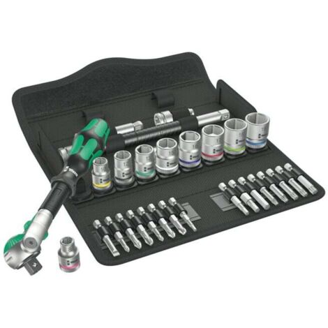 Wera – Coffret cliquet et douilles 29 pièces – Clé à cliquet pivotante 3/8 pouces – Embouts hexagonaux SW 8-19 mm – Acier allié chromé mat