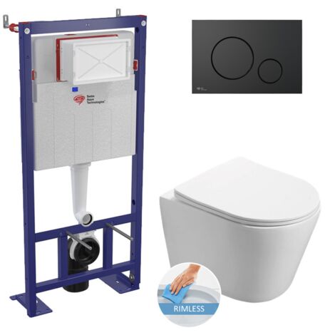 Swiss Aqua Technologies Wall hung toilet set frame + SAT Infinitio rimless toilet with invisible fixings + Softclose seat + Matt black plate