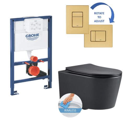 Grohe Toilet set Grohe 0.82m low height Rapid SL frame + Black SAT rimless bowl + Grohe brushed gold flush plate