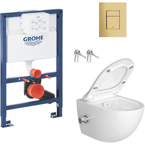 Grohe Toilet Pack Grohe low-height 0.82m Frame + Infinitio Rimless Toilet + Brushed Gold Flush Plate (RapidSLSATClean-82-bgold)