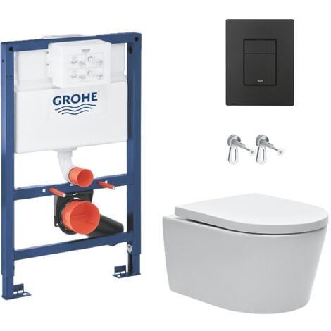 Grohe Toilet Pack low height 0.82m Rapid SL Frame + SAT Rimless Wall-Hung Toilet + Grohe Matt Black Flush Plate (RapidSLSAT-82-KF0)