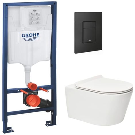 Grohe Toilet Pack Rapid SL Frame + SAT Brevis Rimless Toilet with Soft-Close Seat + Matt Black Flush Plate (RAPIDSL-BREVIS-KF0)