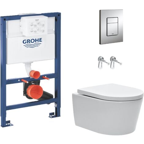 Grohe Toilet Pack SAT Rimless Wall-Hung Toilet + Grohe Rapid SL Frame and brackets + Grohe Chrome Flush Plate (RapidSLSAT-82)
