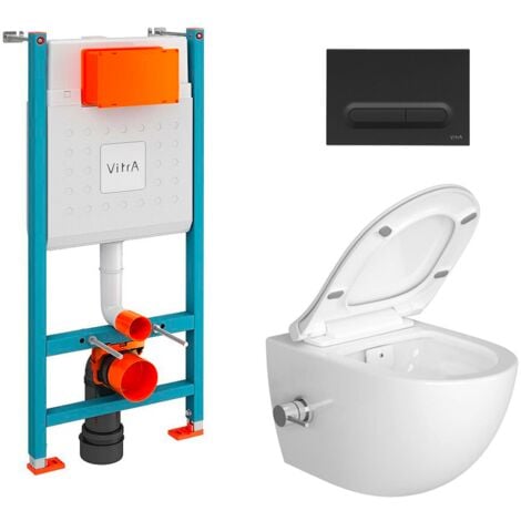 Vitra  Toilet Pack V-Fix Frame + SAT Infinitio Rimless Toilet + Soft-Close Seat + Matt Black Flush Plate (V-SATClean-B)