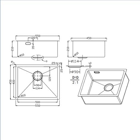 Ceramia Timeless Undermount kitchen sink in 304 stainless steel, 1 bowl, 55x45x21 cm, Gun Metal brushed PVD (TMLKSU-5545BGM)