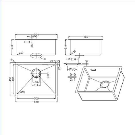 Ceramia Timeless Undermount kitchen sink in 304 stainless steel, 1 bowl, 55x45x21 cm, Brushed gold PVD (TMLKSU-5545BG)