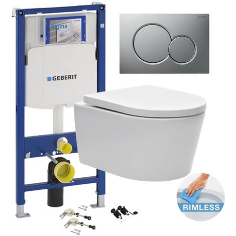 Geberit Toilet set  support frame with SAT rimless bowl, invisible fixings + softclose seat + Flush plate (GebSATrimless-MC+)