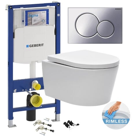 Geberit Toilet set support frame with SAT rimless bowl, invisible fixings + softclose seat + Flush plate (GebSatrimless-CR+)
