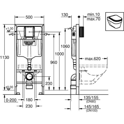 Grohe Toilet set Rapid SL Support Frame + Vitra Wall-Hung Toilet + 