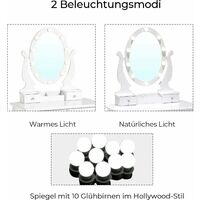 Tiptiper Coiffeuse avec 10 ampoules LED - Avec miroir ovale et tabouret - Pour filles et femmes - Blanc