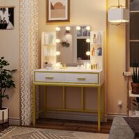 Tiptiper Coiffeuse avec éclairage en 3 couleurs, coiffeuse avec grand miroir et ampoule, coiffeuse avec tiroirs et espace de rangement, blanc et or