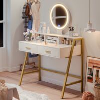 Tiptiper Coiffeuse avec miroir d'éclairage LED, mode d'éclairage 3 couleurs, table cosmétique avec 2 tiroirs et 3 compartiments de rangement, coiffeuse pour femmes et filles, blanc et or