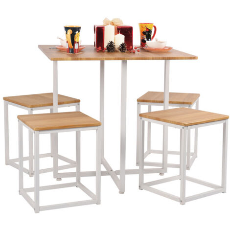 Ensemble Table à Manger 140x70 Cm Avec 6 Tabourets - Plateau Blanc, Pieds Dorés, Structure Acier